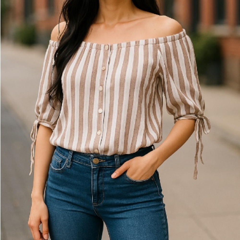 Faith and Joy Size M off Shoulder Cream Striped Top Tie mid length Sleeves